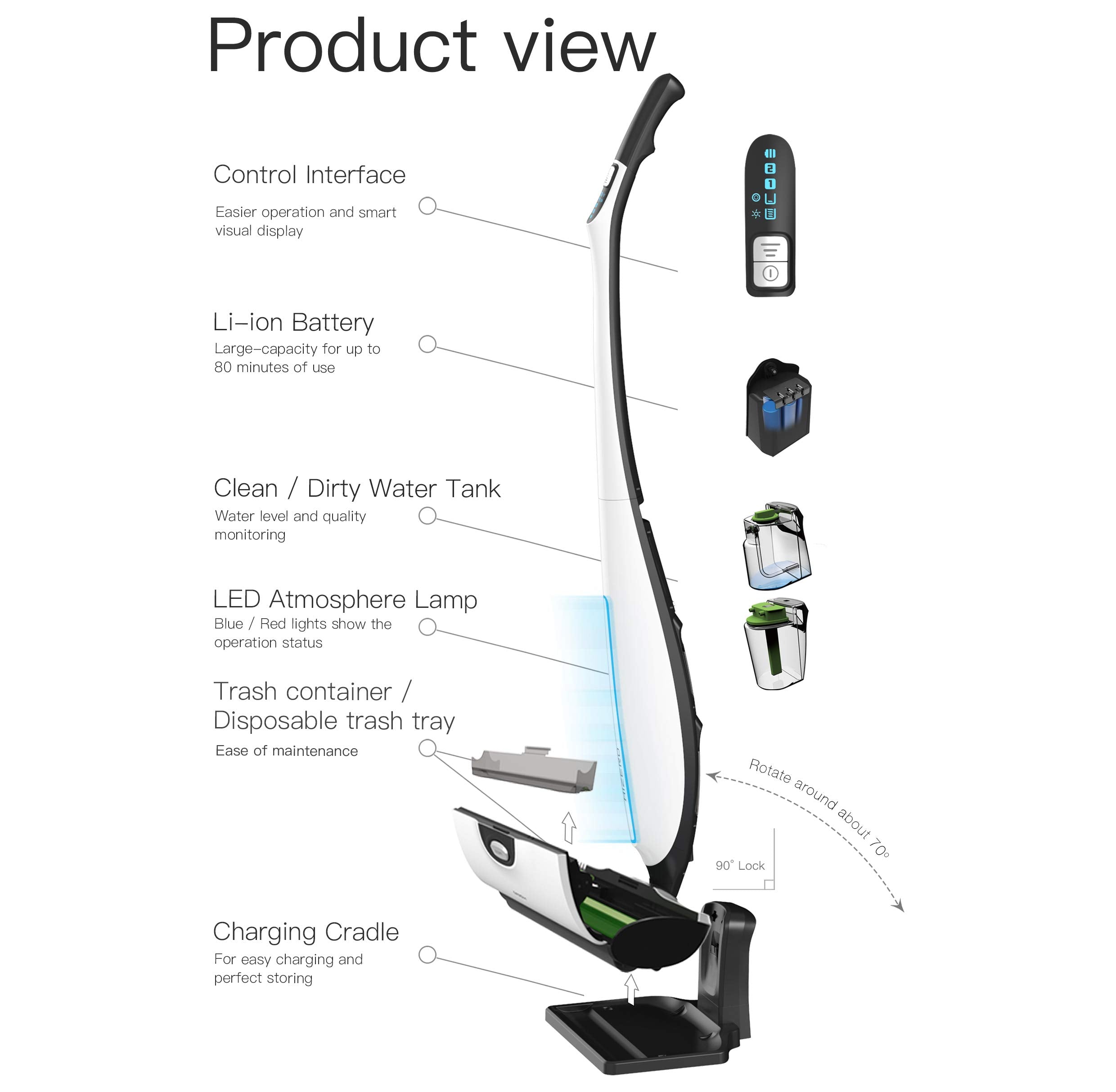 HIZERO F100 Bionic Hard Floor Cleaner – Cordless Wet & Dry Electric Mop, Lightweight Ultra-Quiet Upright Cleaner with 80-Minute Runtime, White