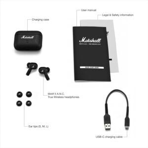 Marshall Motif II ANC True Wireless Bluetooth Earbuds with Active Noise Cancellation, Transparency Mode & 30 Hours Playtime – Black