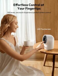 Aecooly Touch-Control Desk Fan with Digital Display, 100 Speed Settings, Quiet 4000mAh Rechargeable Portable Table Fan for Bedroom, Office & Travel – White