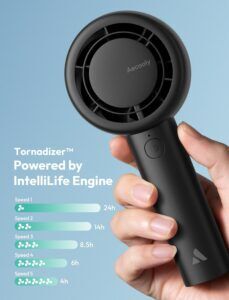 Aecooly CloudFlow Portable Handheld Fan, Dual Air Channel Cooling, USB Rechargeable Mini Pocket Fan with 5 Speeds & Up to 23H Runtime, Personal Travel Fan for Beach & Cruise – Black