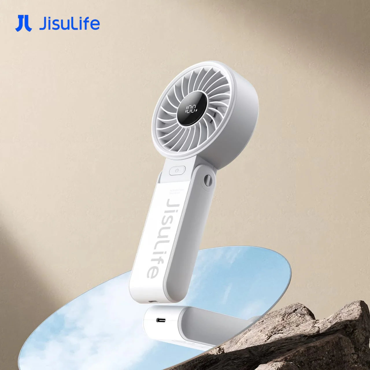 JISULIFE Life7 Handheld Fan (2024 Edition) – Powerful Portable Cooling Fan with LED Display, Up to 19.5 Hours Runtime, 5000mAh Battery, 5 Speeds, 3-in-1 Handheld/Desk/Neck Fan with Lanyard, Travel Essential for Women & Men (Light Grey)